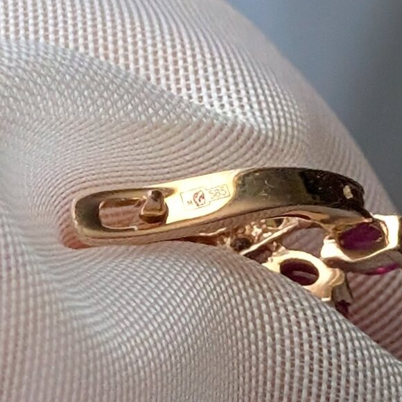 Russian Russia Solid 14K Rose Pink Gold Ruby Diamond Cluster Pierced Earrings - Picture 10 of 15